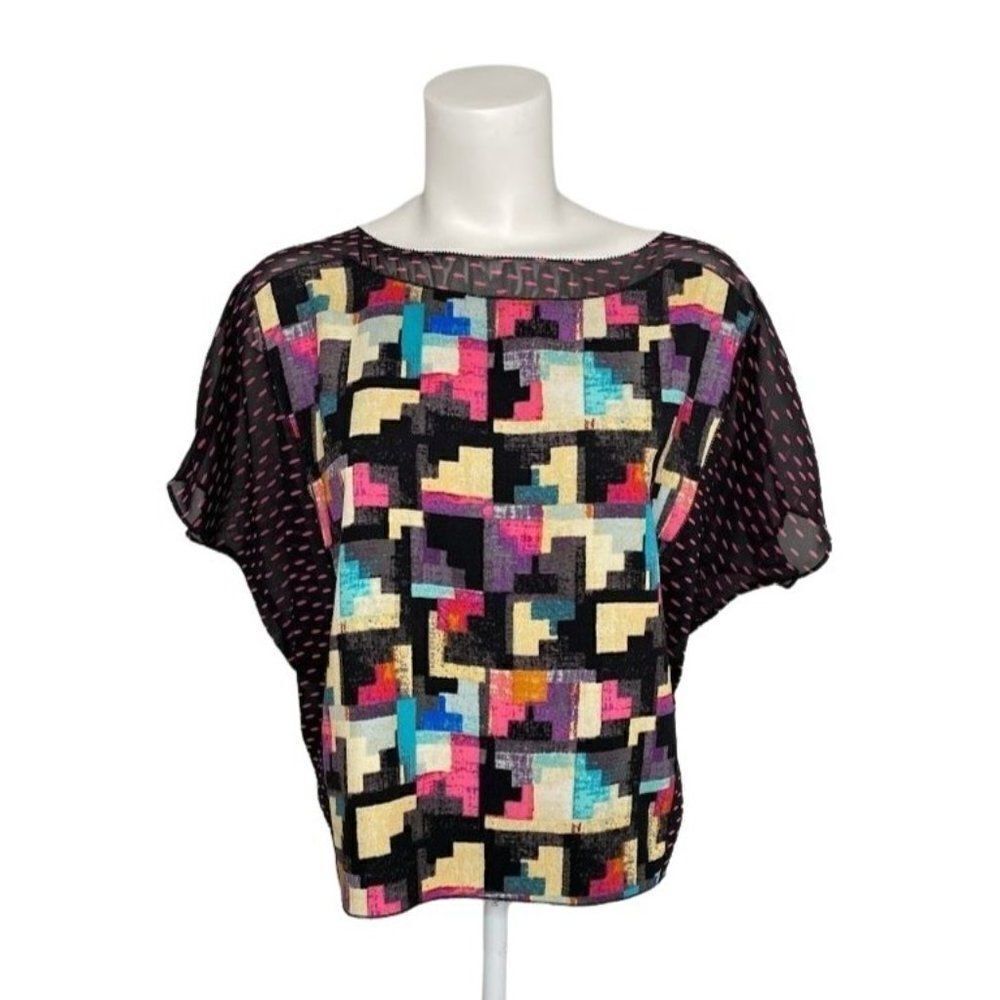 RACHEL ROY Black Dash Abstract Boat Neck Dolman Sleeve Chiffon Top Sz XS
